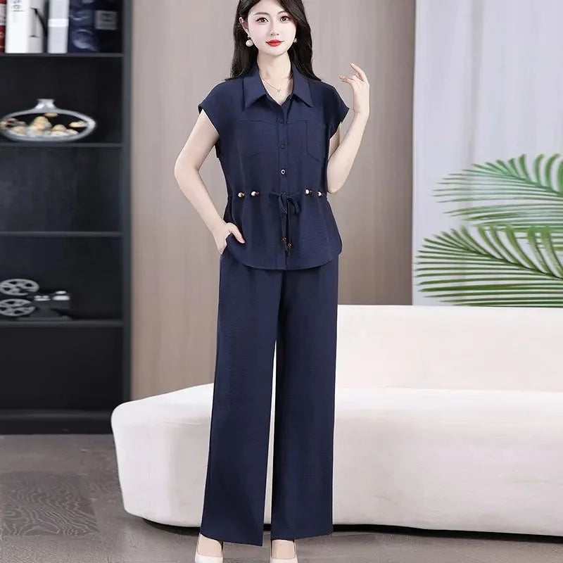 Women Large Size 4XL Casual Outfit Summer Female Fashion Ice Silk Shirt Two-piece Set Korean Ladies Short Sleeved Pantalons 2PCS