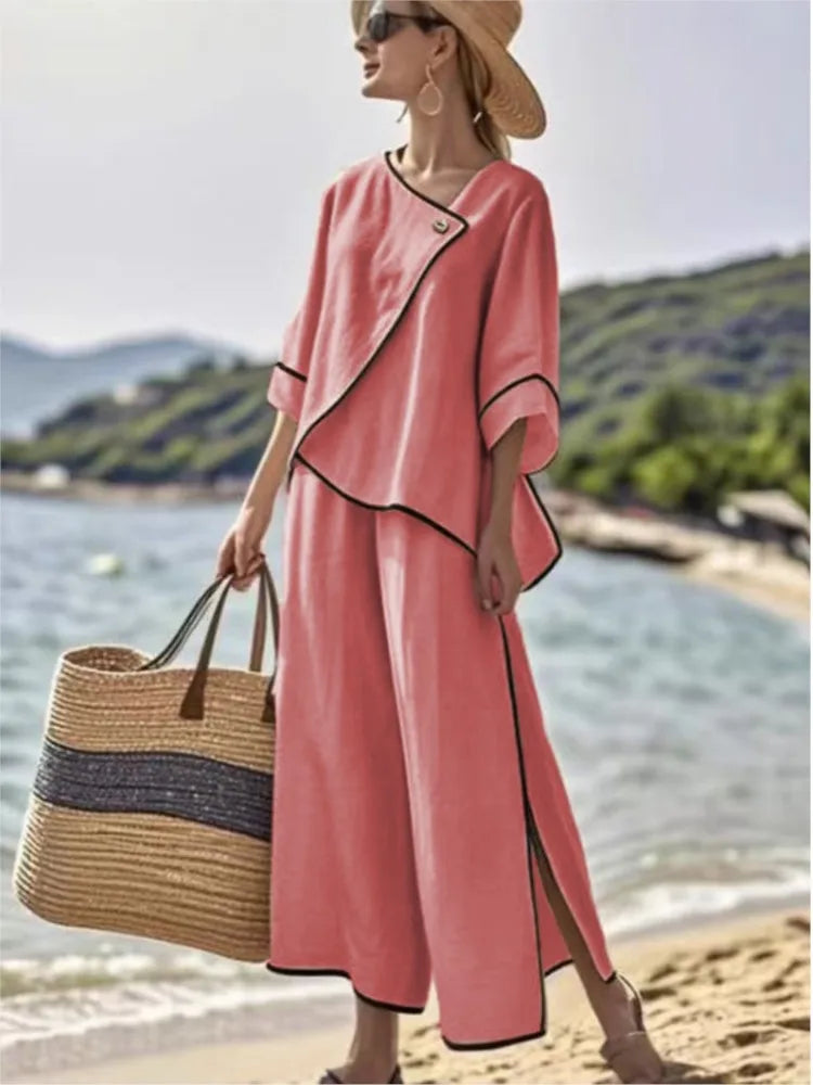 Women Loose Striped Print Split Wide Legs Pants Two Piece Sets Spring Elegant Slanted Short Sleeves Set Office Ladies 2Piece Set