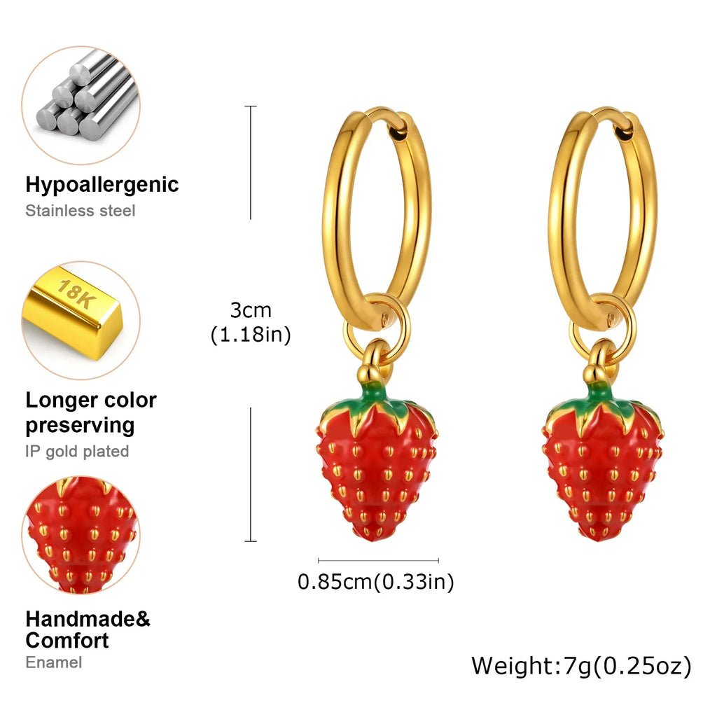 Women's Strawberry Drop Hoop Earrings | Cute Gold Plated Jewelry for Girls