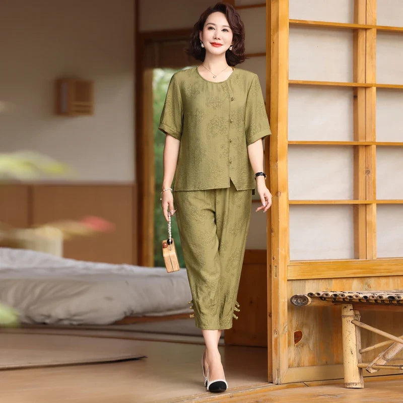 Fake Button T-shirt+pants Summer Embossed Knit Set Women's Fashion Casual Set Short Sleeved Classic Tops 2024 Plus Size Women