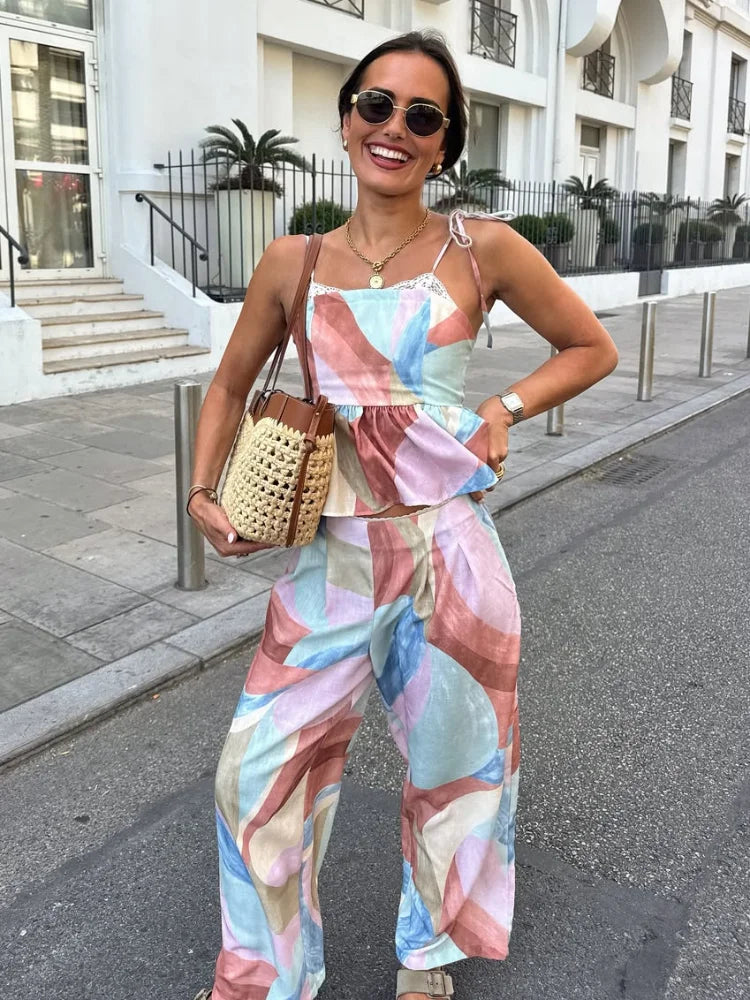 Print Lace Up Waist Cinching Top Pants Suits Women Sexy Spaghetti Strap Sleeveless Backless Slim Tops Wide Leg Trousers New Sets