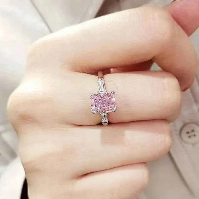 Square Pink Cubic Zirconia Wedding Rings Women Fashion Jewelry