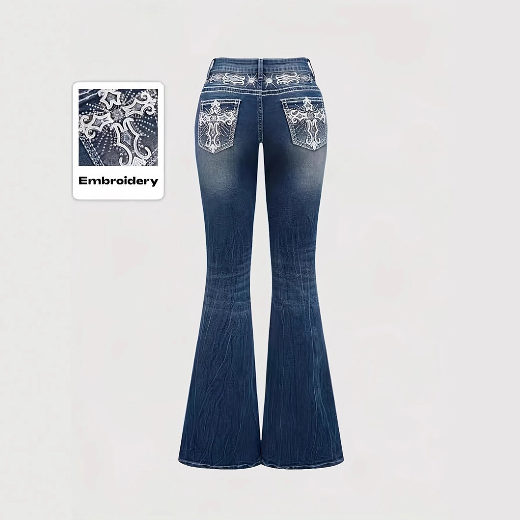 2026Trendy Y2K Style Flare Jeans for Women Dark Wash Skinny Fit with Rhinestone Embroidery Pocket Streetwear Casual Denim