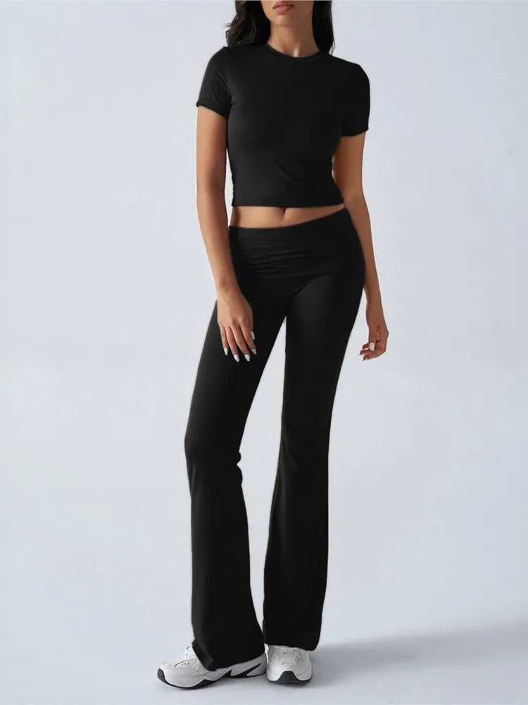 Women Casual Bodycon Two Pieces Set Short Sleeve Crop Top Slim High Waist Running Tracksuit Suit Summer Pants Outfit 2PCS