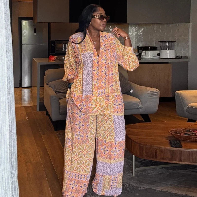 Elegant African Fashion Vintage Ethnic Printed Women Two Piece Set V Neck Long Sleeve Loose Top And Wide Leg Pants Set