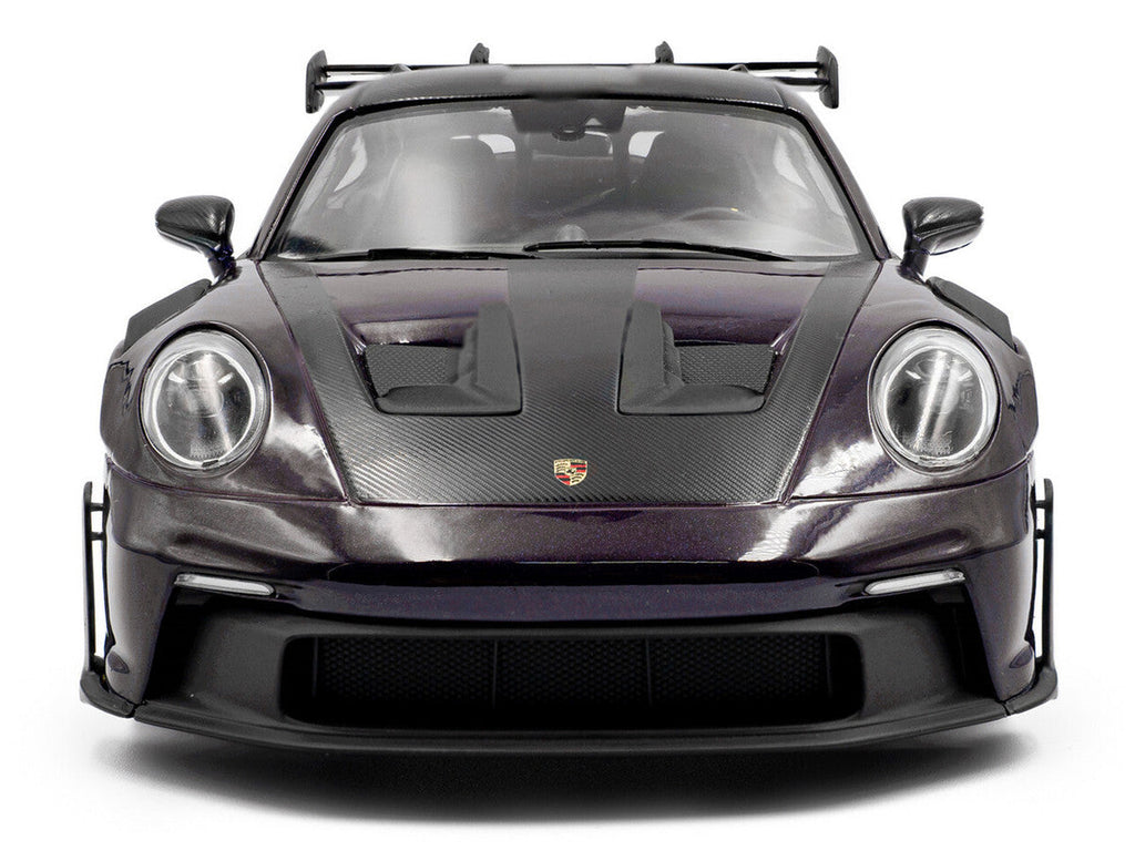 2024 Porsche 911 GT3 RS Weissach Package Viola Purple Metallic with Carbon Hood Stripes and Top 1/18 Diecast Model Car by Solido
