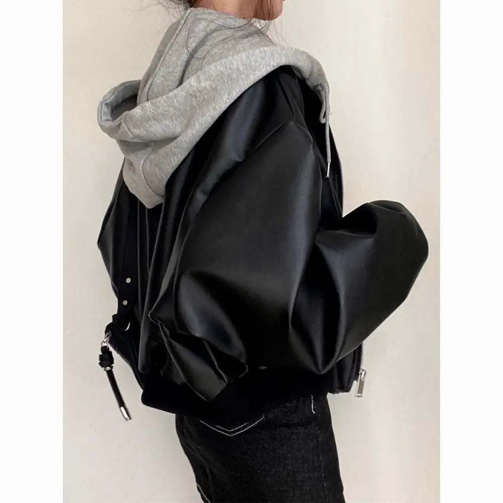 Korean High-end Black PU Leather Jacket Women Fashion Hooded Loose Spring Autumn Zipper Fake Two-Piece Versatile Outerwear