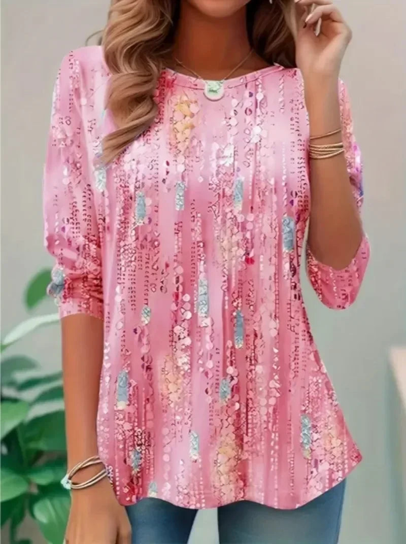 Plus Size 1XL-5XL Women's Fashion Round Neck Quarter Sleeved T-shirt Ladies Casual Top Spring Summer  Fashionable T-shirt