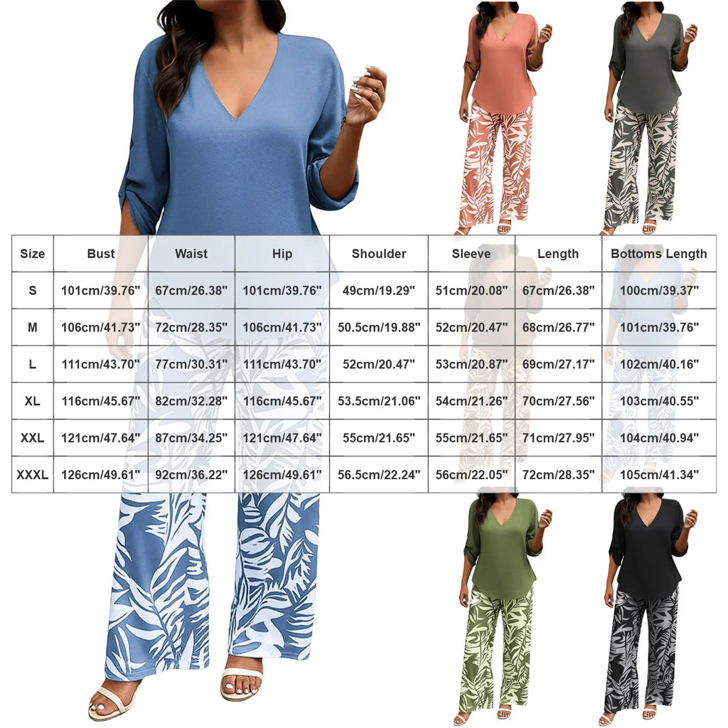 Women Solid V Neck Long Sleeve Digital Print Pants Two Piece Set Casual Stylish Matching Outfit for Daily Outdoor Lounge Wear