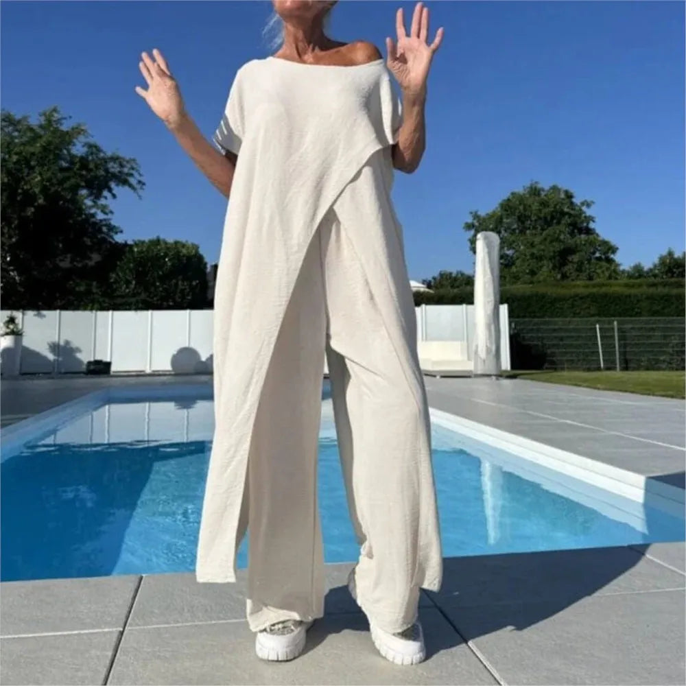 Women's Casual Loose Irregular Suit Solid Elegant Short Sleeved Round Neck Long Tops + Wide Leg Pants 2 Piece Set Summer Holiday