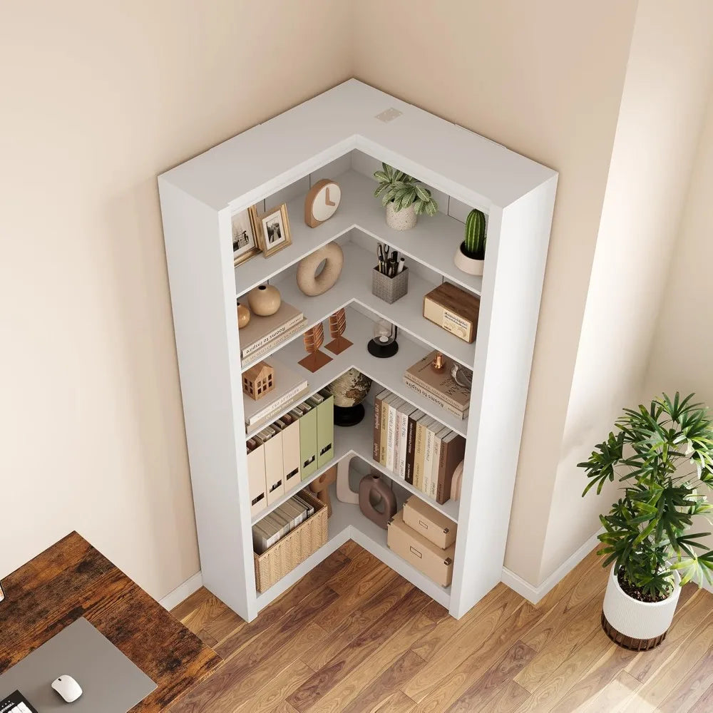 Corner L Shaped Bookcase With 5 Tier Display Shelf