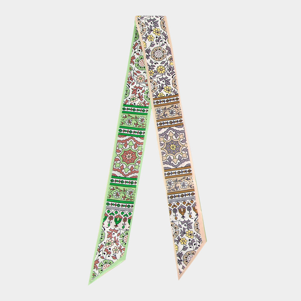 Vintage Floral Medallion Allover Print Silk Feel Twilly Skinny Scarf