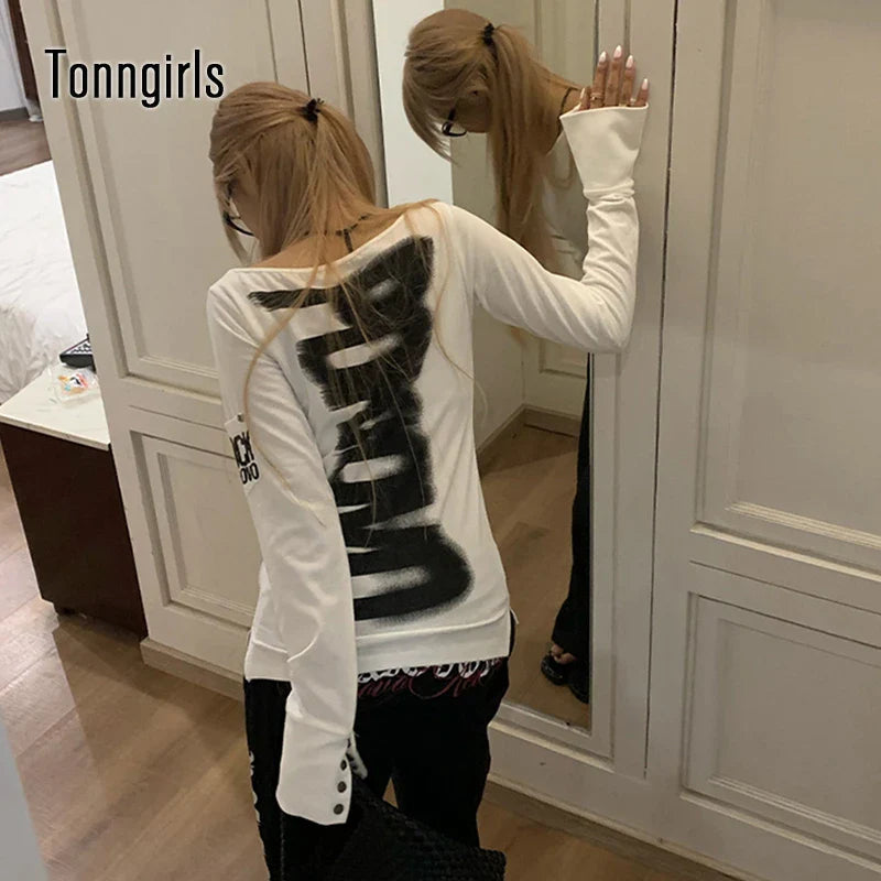 Tonngirls American Retro Print T-shirt Women Long Sleece Button Graphic Tops Y2k Tops 2000s Japanese Grunge Tops E-girls Autumn