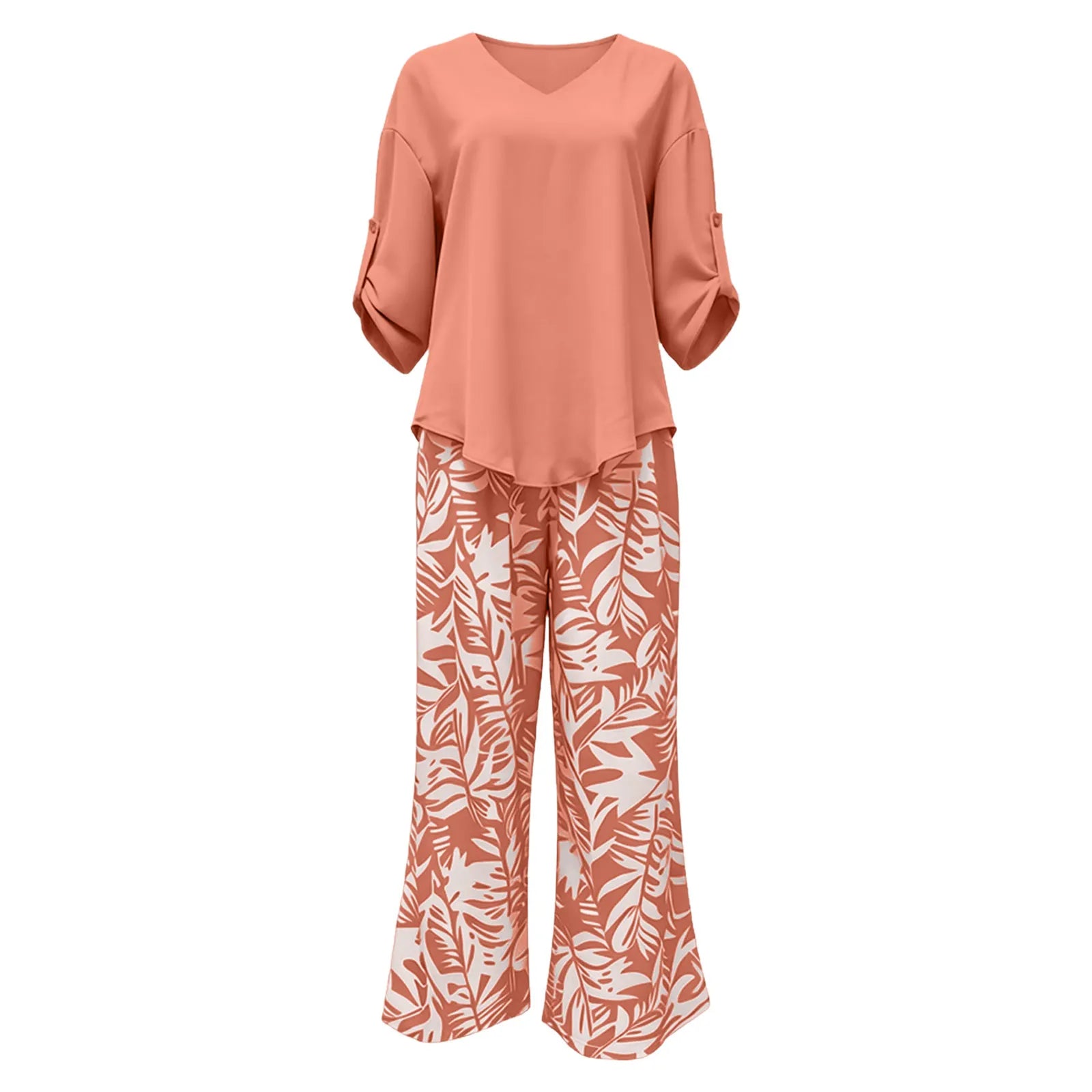 Women Solid V Neck Long Sleeve Digital Print Pants Two Piece Set Casual Stylish Matching Outfit for Daily Outdoor Lounge Wear