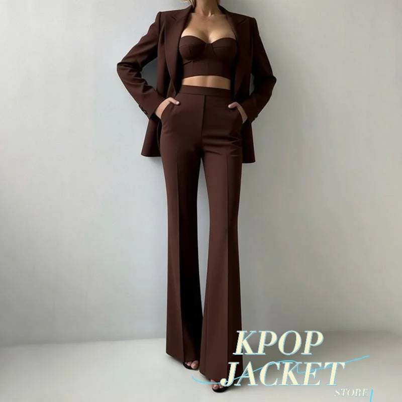 Solid Suit Jacket Corset Pants 3 Piece Set Women Corset Lapel Coat Straight Pants Lady Set 2026 Summer Autumn Commute Outfit New