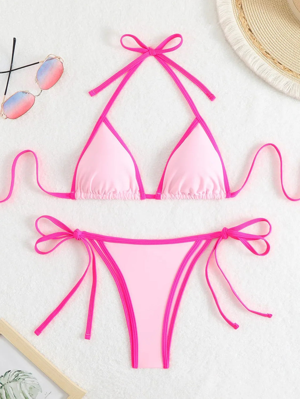 Sexy Micro Bikini 2025 Women Pink Blue Contrast Push Up Tie Side Thong Swimsuit Brazilian Beach Bandage Bathing Suit Swimwear