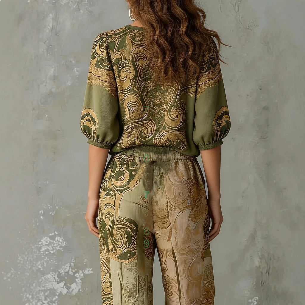 Retro Floral Print V Neck Puff Sleeve Top with Jogger Pants Matching Set for Women Spring Summer