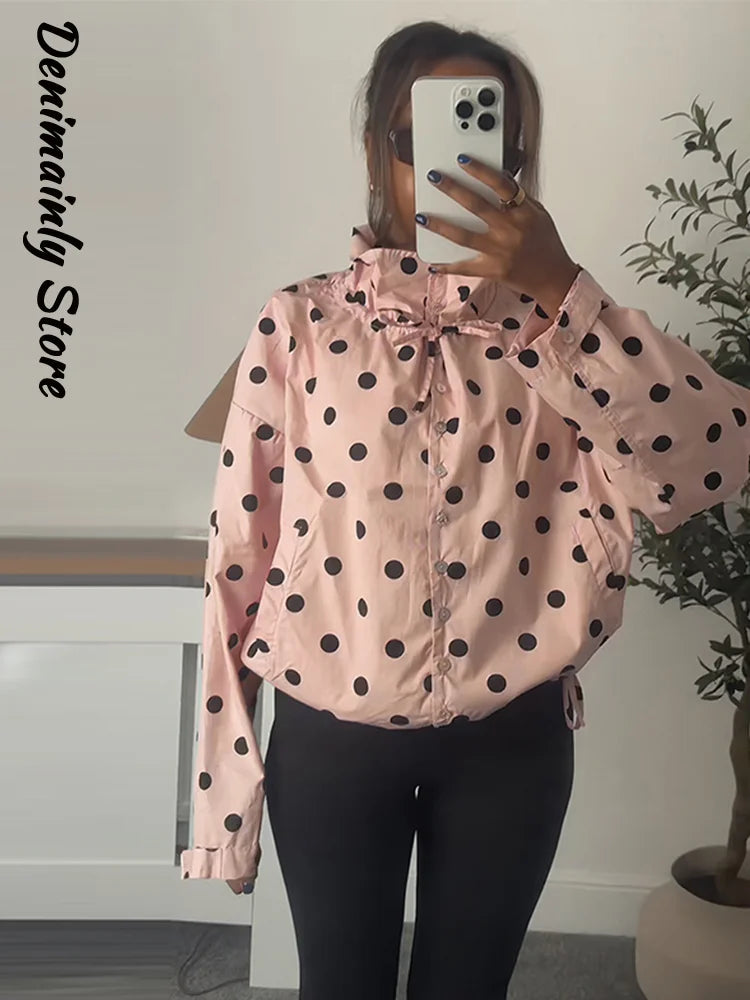 Casual Polka Dot Drawstring Jacket Women Lace Up Stand Collar Full Sleeve Single Breast Jacket 2026 Spring Lady Commute Coat New