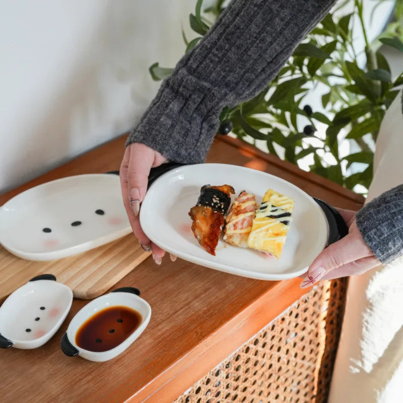 Cute Puppy Shaped Sushi Plate and Dipping Dish Set | 8 Inch Oval Ceramic Dinnerware
