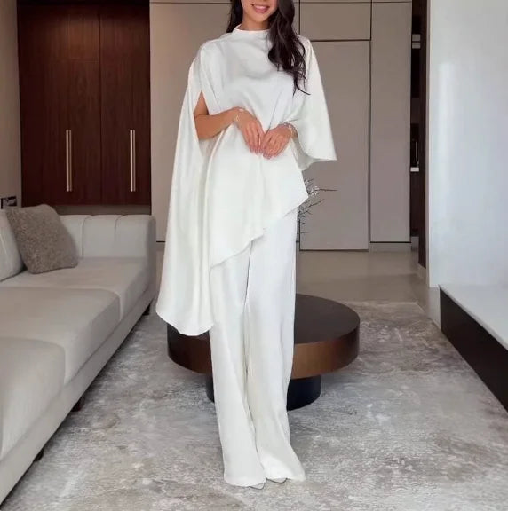 Two Piece Set Women Outfit 2026 Spring Autumn New Solid Color Satin Irregular Hem Shawl Top & High Waist Wide Leg Pants Set