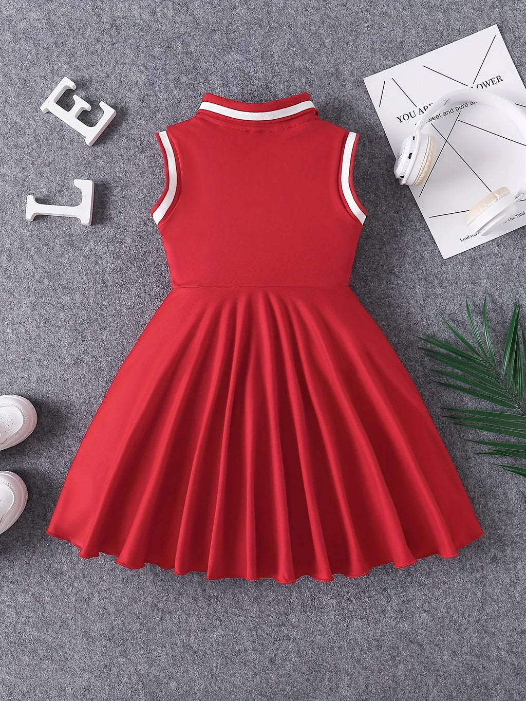 Vintage Red Sleeveless Polo Collar Dress - Heart Accent Pleated Skirt Girls Sweet Preppy Style Outfit