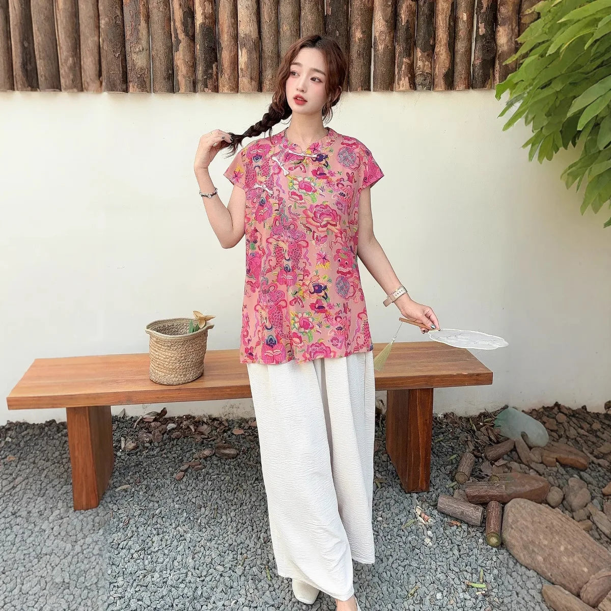 Summer Cotton-silk blend Cheongsam 2 Pcs Set Loose Short Sleeve Frog Closure Tops and Wide leg Pants New Chinese Style Plus size