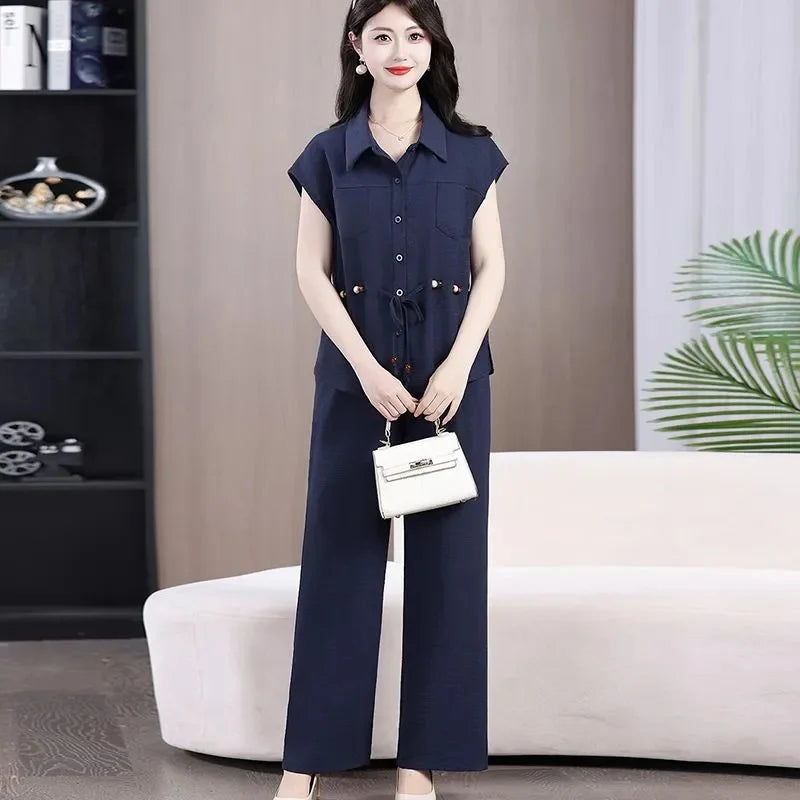 Women Large Size 4XL Casual Outfit Summer Female Fashion Ice Silk Shirt Two-piece Set Korean Ladies Short Sleeved Pantalons 2PCS