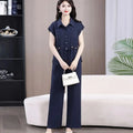 Women Large Size 4XL Casual Outfit Summer Female Fashion Ice Silk Shirt Two-piece Set Korean Ladies Short Sleeved Pantalons 2PCS