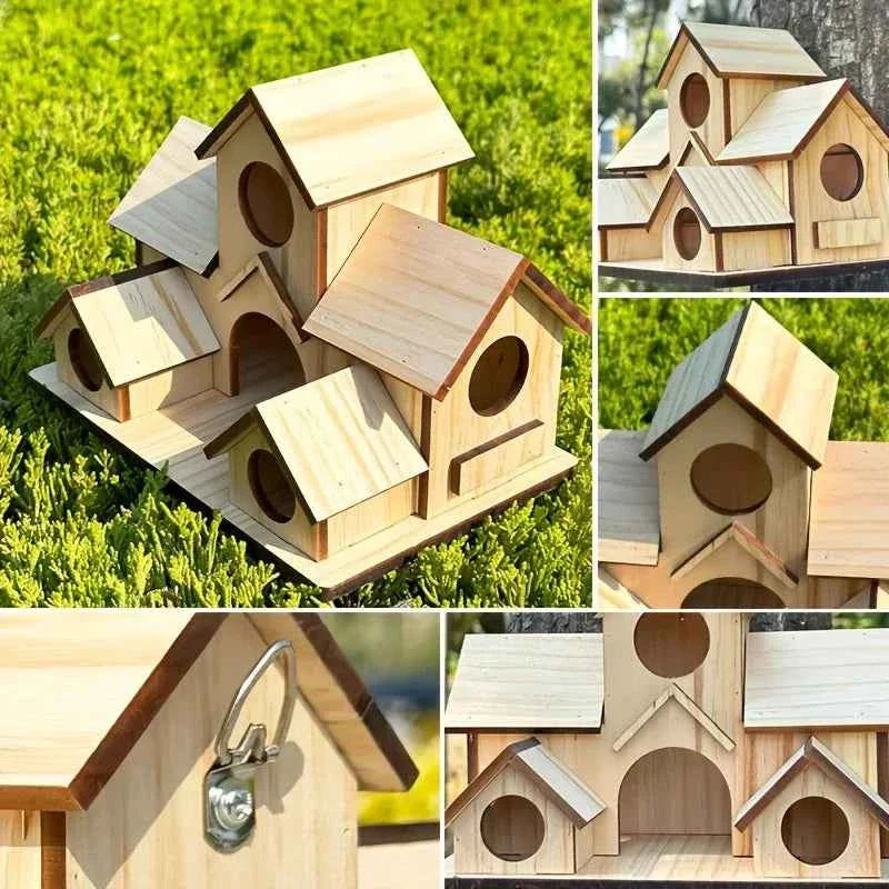Decorative Wooden Bird House Outdoor Garden Hanging Feeder Villa Nest Natural Solid Wood Waterproof Shelter for Wild Birds