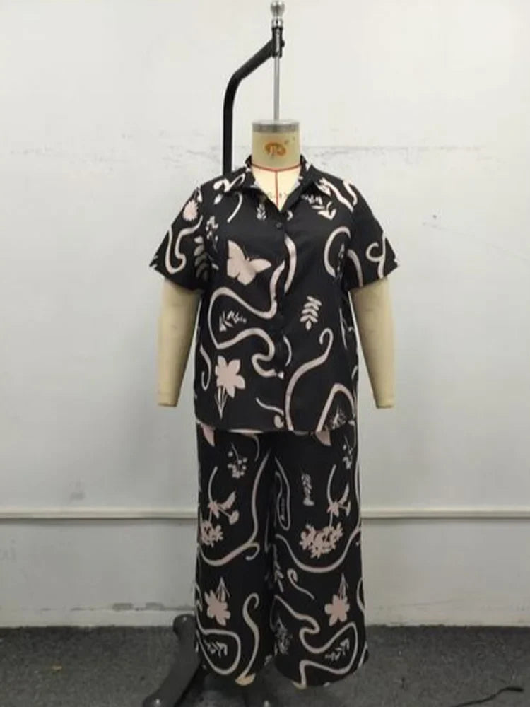 GIBSIE Plus Size Women's Casual Pants Sets Printing Loose Short-sleeved Shirts And Wide-leg Trousers Woman Two Piece Outfits