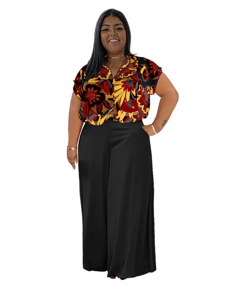 Woman 2 Piece Outfit Set Plus Size Summer Casual Suit Set Floral Print Shirt Pants Set Basic Lounge Wear