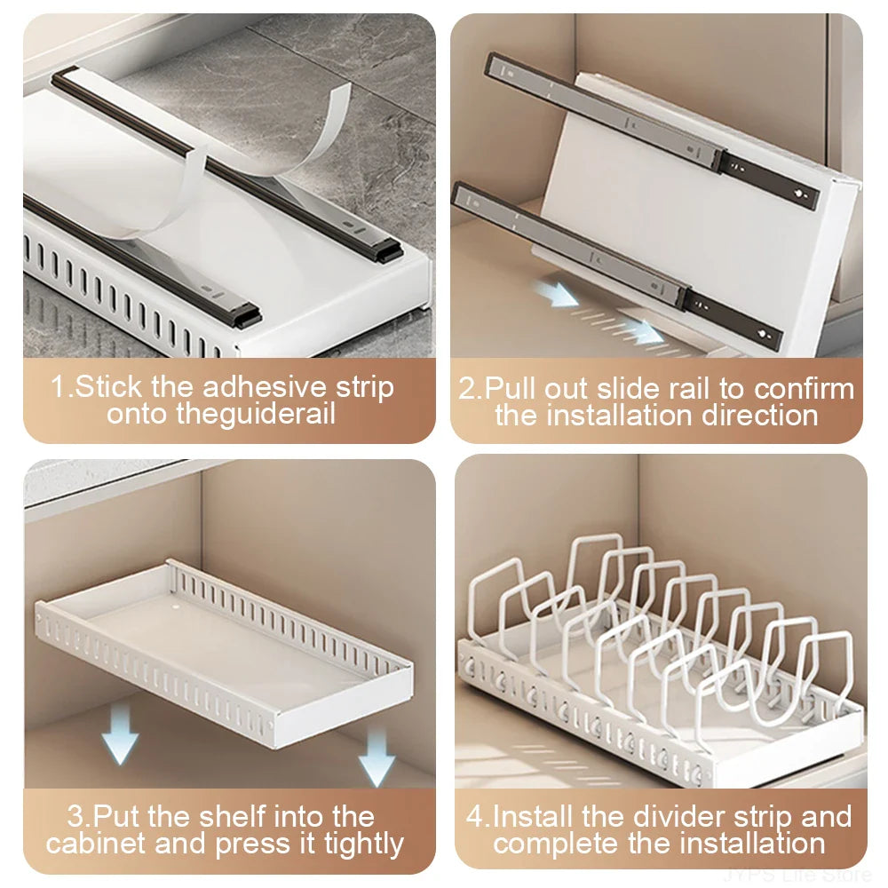 Pull out Pots and Pans Organizer Sliding Pot Lid Holder Kitchen Spice Rack Tableware Organizer Multifunctional Dish Drying Racks