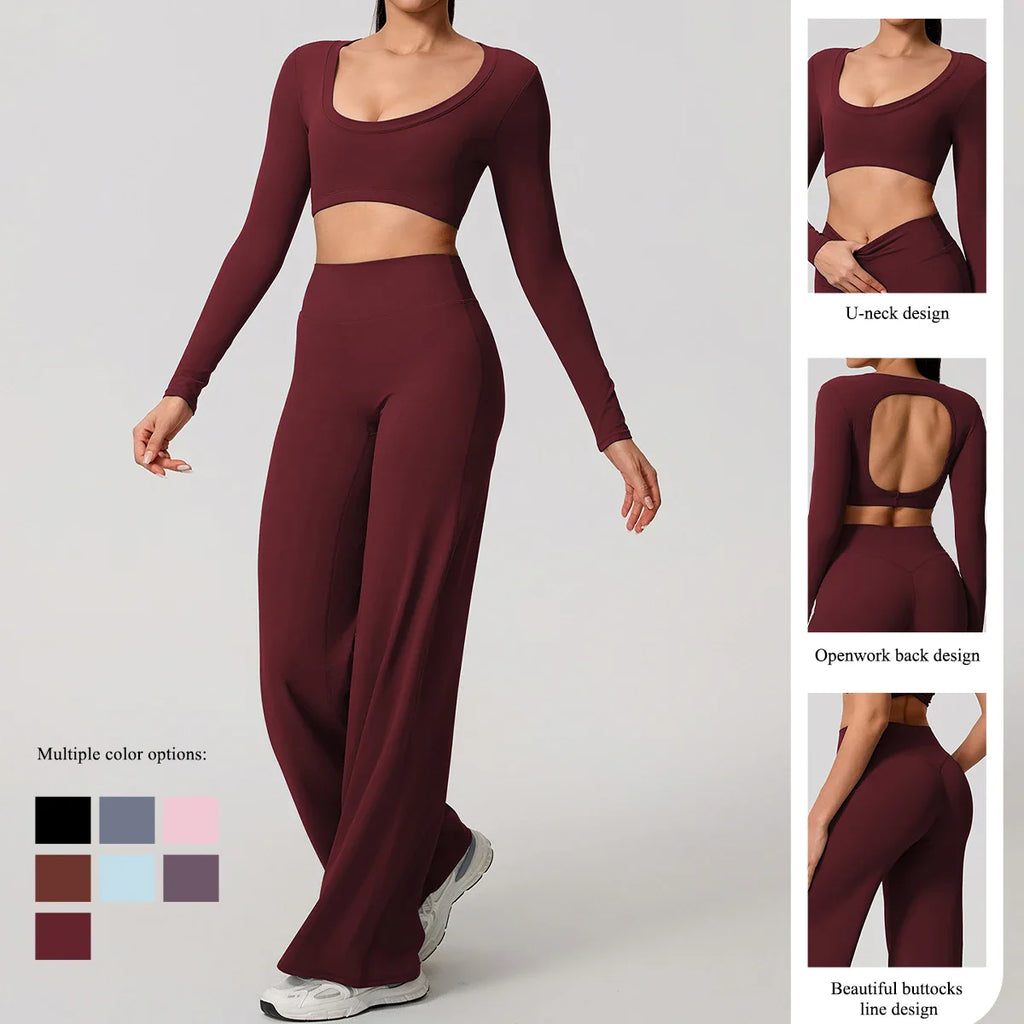 Hearuisavy Sports Set 2Pcs Women's  Long Sleeve Backless Fitted Fitness Top Push Up Pilates Yoga Top Wide Leg Straight Leg Pants