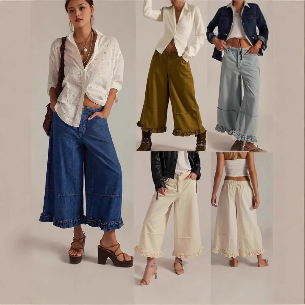 Women Baggy Wide Leg Denim Cropped Pants Vintage Y2k Pleated Ruffle Hem Elastic Low Rise Loose Fit Jeans with Pockets