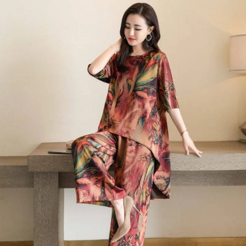 New Women Summer Loose Printed Set Lady Wide-Leg Pants Two-Piece Set Woman Casual Set Ladies Outwear Short-Sleeve Long Pants Set