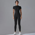 Naked zipper short sleeved yoga suit jumpsuit, quick drying breathable outdoor sports tight fitting jumpsuit, fitness suit