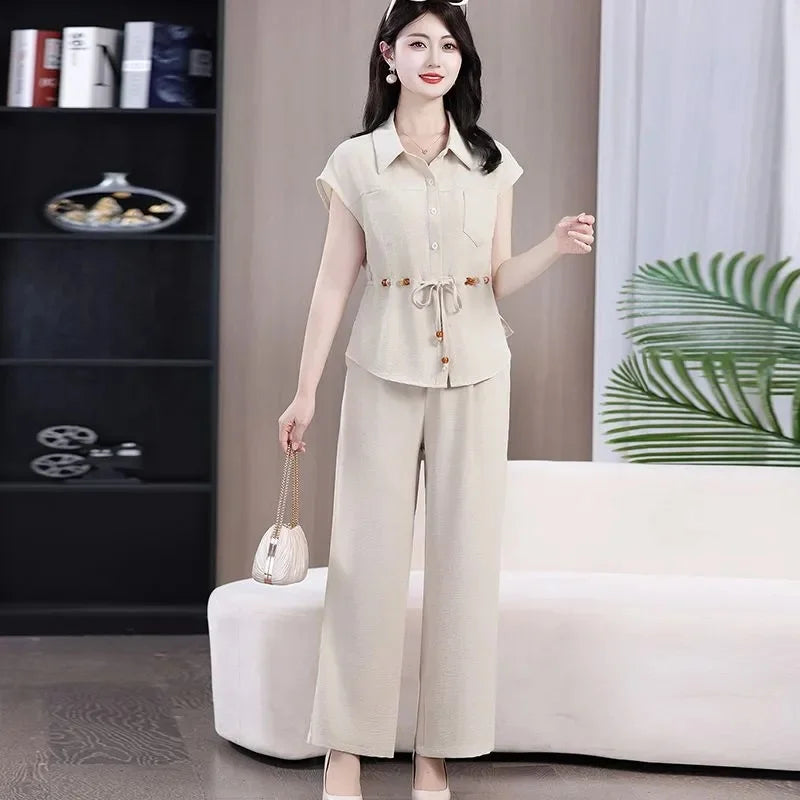 Women Large Size 4XL Casual Outfit Summer Female Fashion Ice Silk Shirt Two-piece Set Korean Ladies Short Sleeved Pantalons 2PCS
