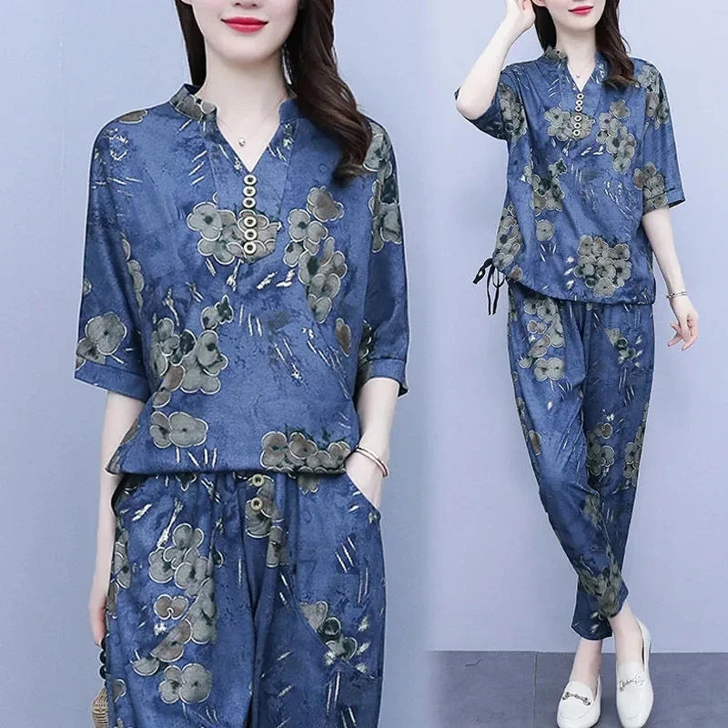 2026 New Korean Sets Women Summer Loose Short Sleeves Printing Tops+ Elastic Waist Pants 2PCS Female Retro Casual Suit Lady 5XL