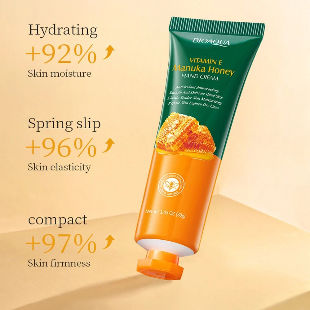Honey and Vitamin E Hand Cream Moisturizing Lotion, enriched with glycerin, deeply hydrates and repairs dry, cracked hands