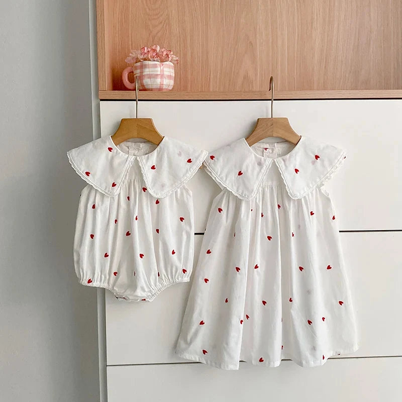 2026 New Summer Newborn Baby Girl Jumpsuit 0-24M Baby Girl Clothing Sleeveless Cotton Heart Print Princess White Rompers
