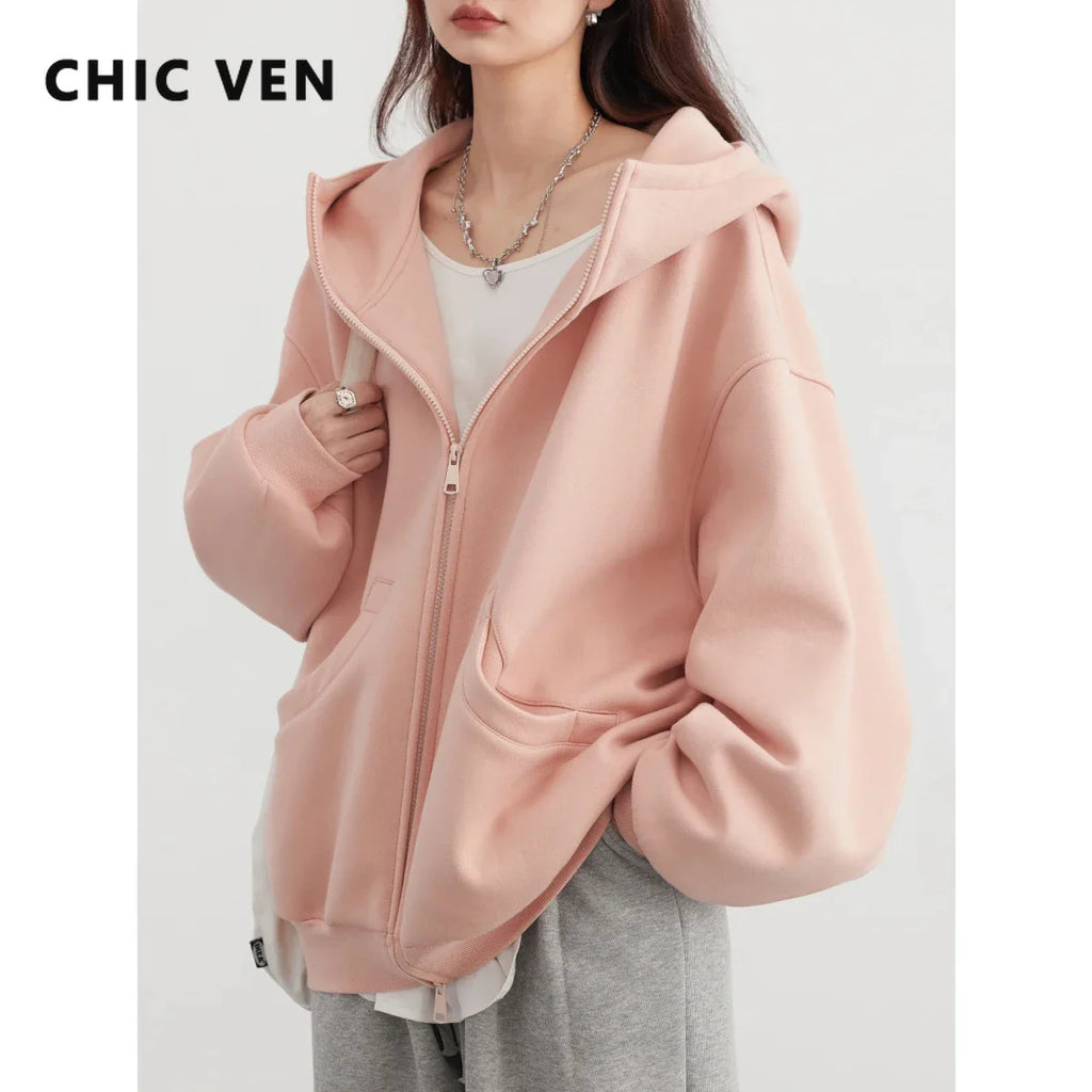 CHIC VEN Women Sweatshirts Loose Casual Hooded Long Sleeves with Plush Sweater Double Zipper Oversize Coat Spring Autumn 2026