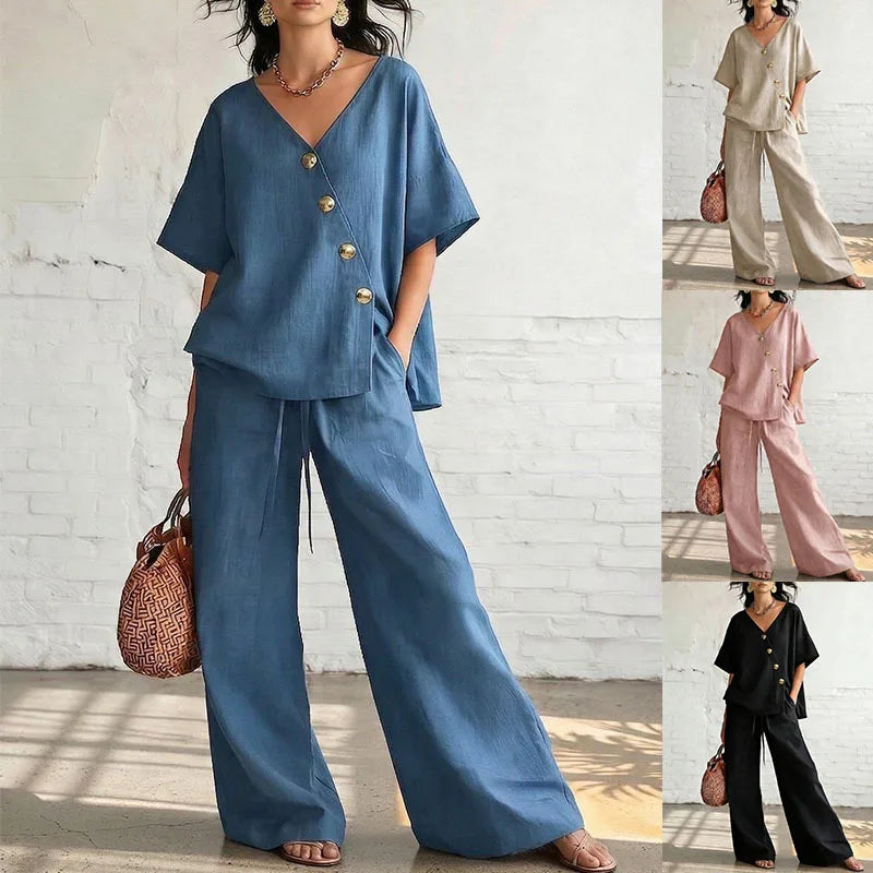 2026 Casual Cotton Loose Pants Sets Women Summer Fashion Short Sleeve V-neck Tops And Wide Leg Pant 2 Piece Set Woman Outfits
