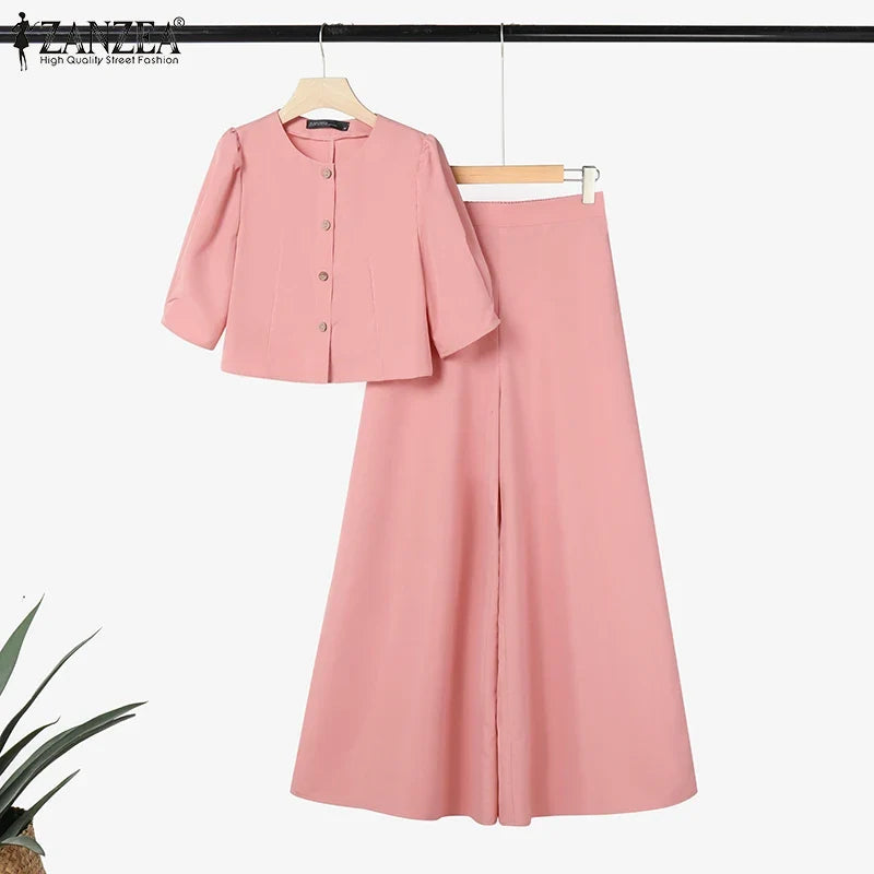 ZANZEA Plus Size 5XL Women 2-Piece Pant Sets Puff Sleeve Crop Top & Wide Leg Pant Matching Sets Elegant Chic Streetwear Co-ords