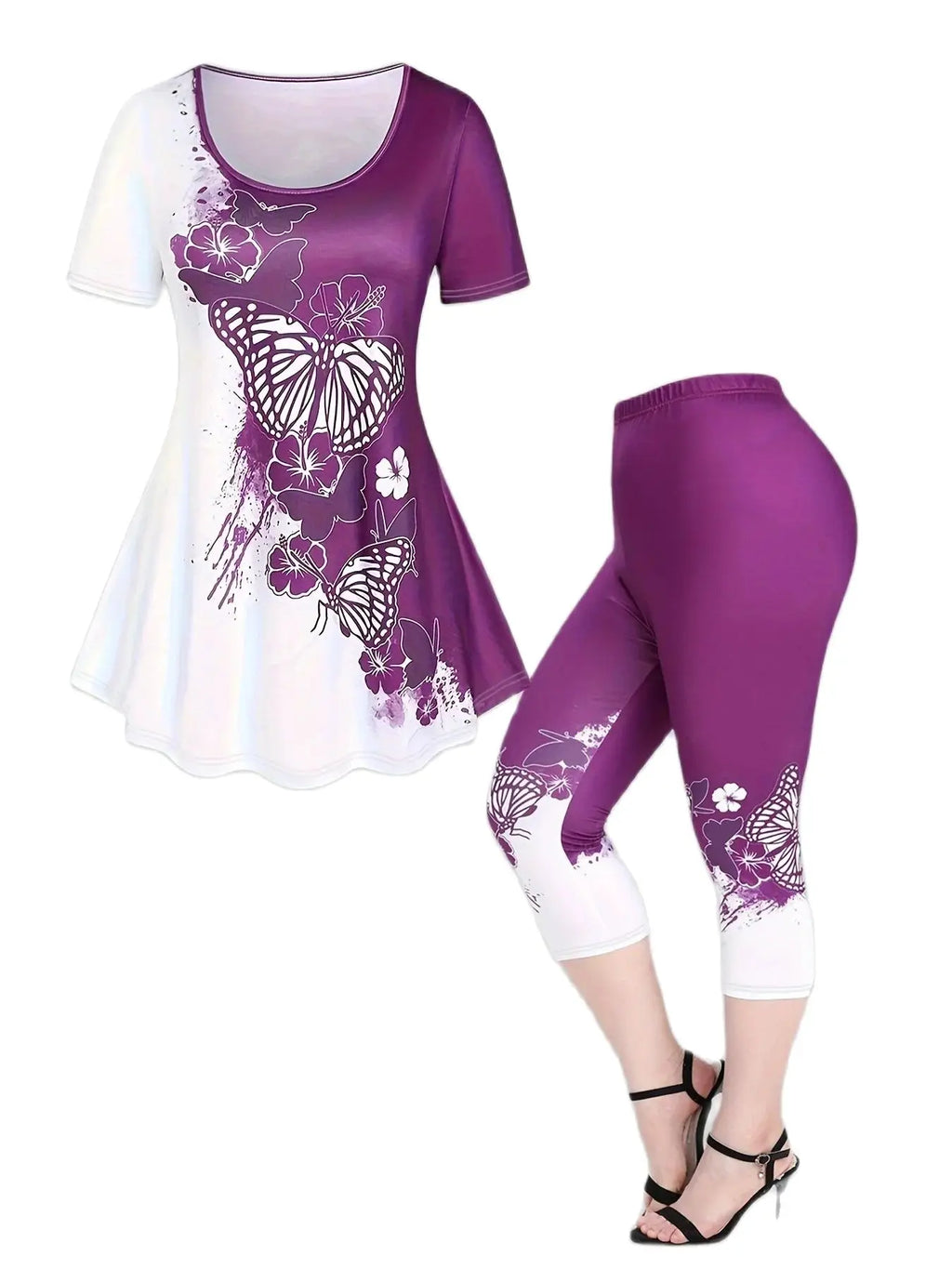 Plus Size Ladies Suit Round Neck Summer Leisure Butterfly Print Round-Neck Short-Sleeved T-Shirt Printed Pants Two-Piece Set