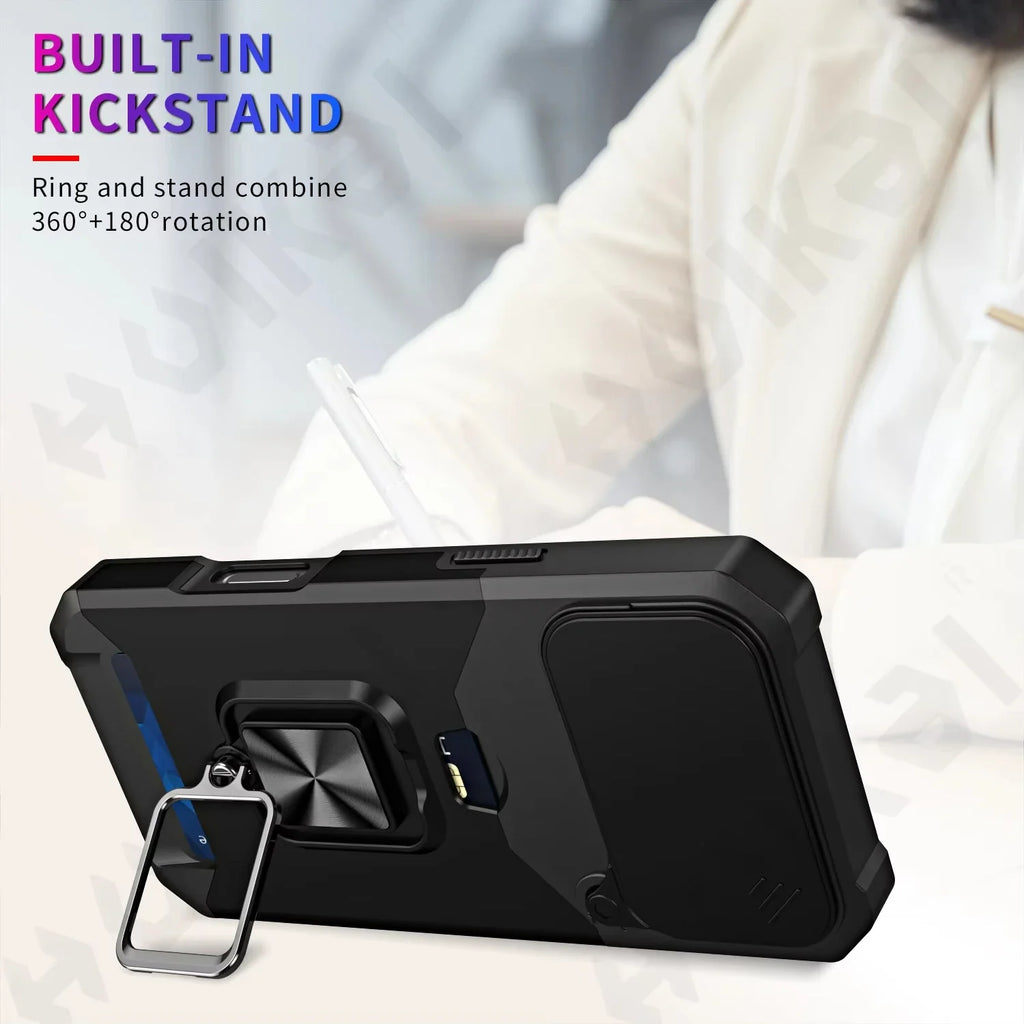 Case For iPhone 17 16 15 14 13 12 11  Pro Max XS Plus Slide Camera Card Holder Slot Duty Wallet Protective With Ring Stand Cover