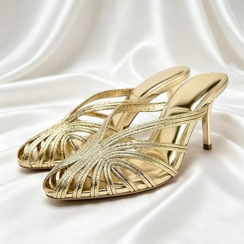 Gold Shiny Luxury Mules Heeled Sandals Women Weave Rome Heels for Ladies Banquet Dress Shoes Fashion Retro Slippers Women Slides