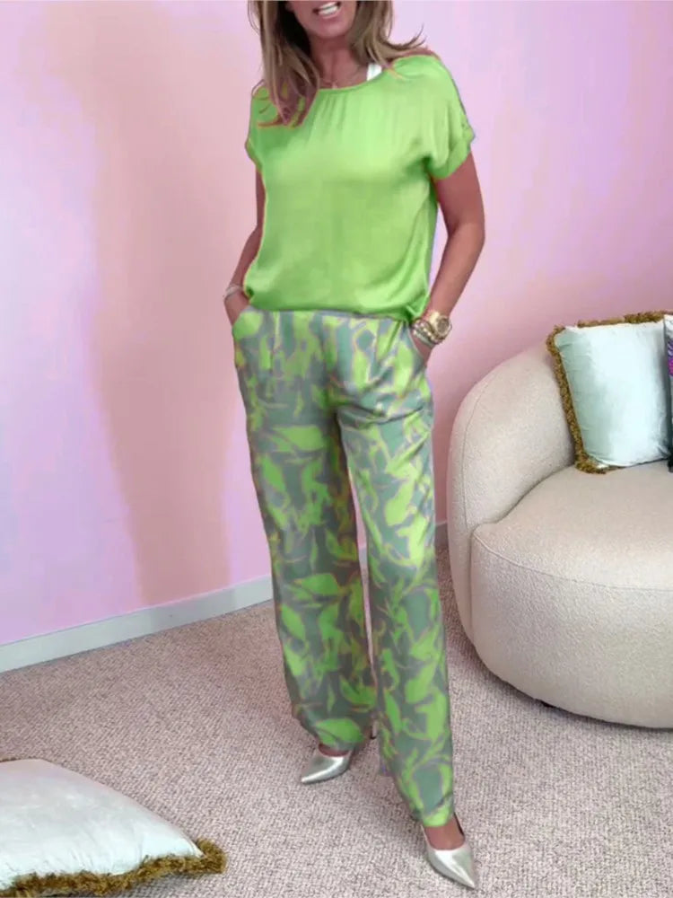 Casual O Neck Short Sleeved T Shirt Shirt Printed Trousers 2 Piece Spring Summer Elegant Women's Fashion Pocket Pants Office Set
