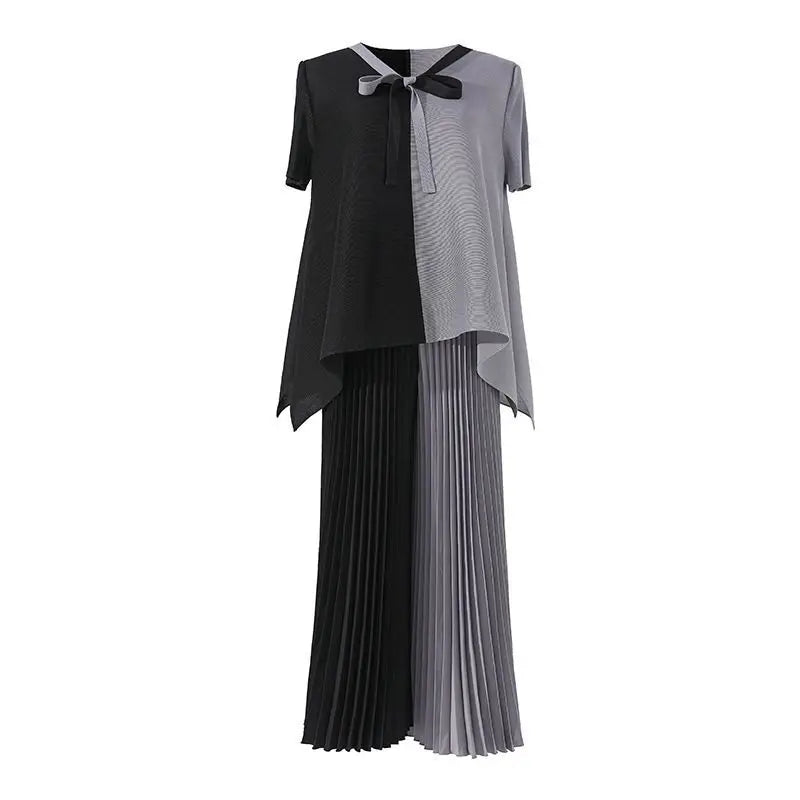 Blouse Pants Suit Women Summer Youthful Pleated Tie-front Delicate Short-sleeved T-shirt Wide-leg Pants New Comfortable Casual