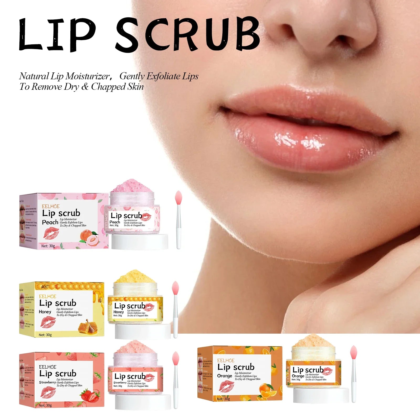 Watermelon Peach Lip Scrub: Moisturizes lips, replenishes moisture, reduces and improves dark circles around the mouth.
