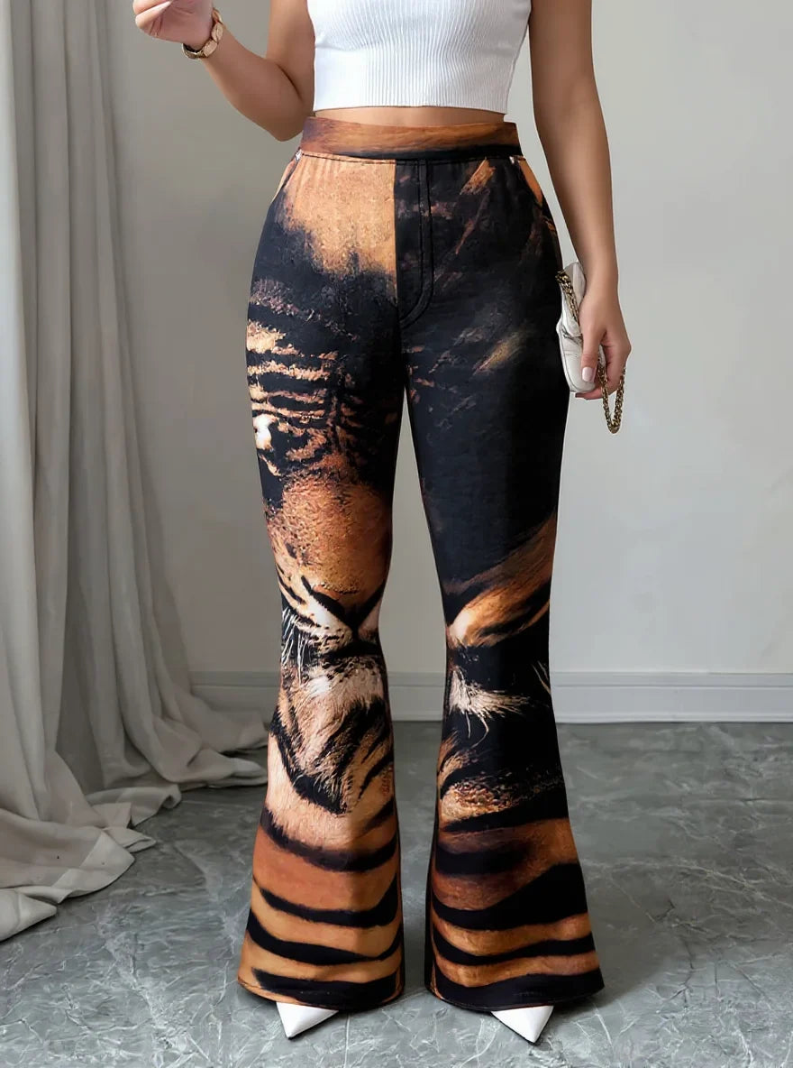 Women High Waist Tiger Print Flare Pants Vintage Animal Pattern Stretch Bell‑Bottom Trousers Club Party Streetwear Pants